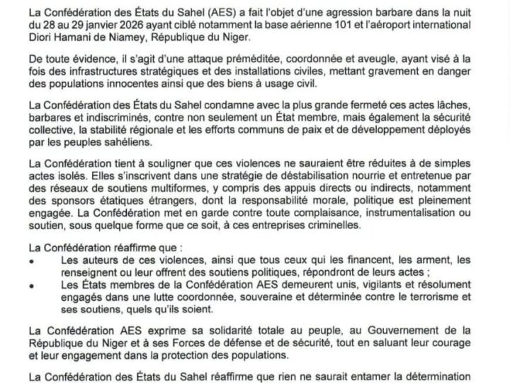 COMMUNIQUÉ DU PRÉSIDENT DE LA CONFÉDÉRATION DES ÉTATS DU SAHEL (AES) SUR L&rsquo;ATTAQUE DE NIAMEY