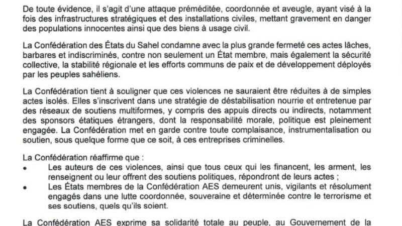 COMMUNIQUÉ DU PRÉSIDENT DE LA CONFÉDÉRATION DES ÉTATS DU SAHEL (AES) SUR L&rsquo;ATTAQUE DE NIAMEY